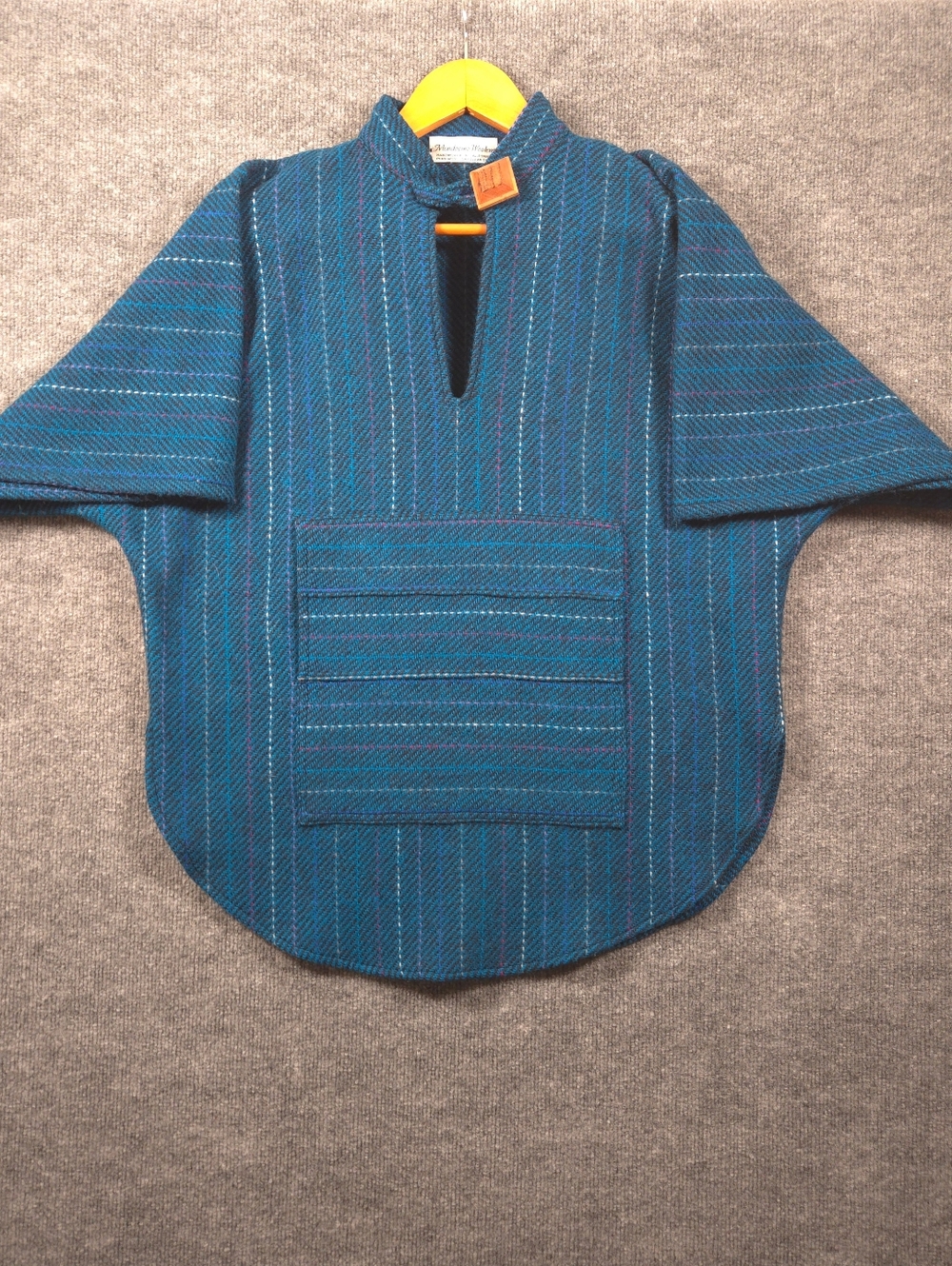 Mendocino Woolens Handwoven Pure Wool Poncho Top Blue Striped Artisan Made OS